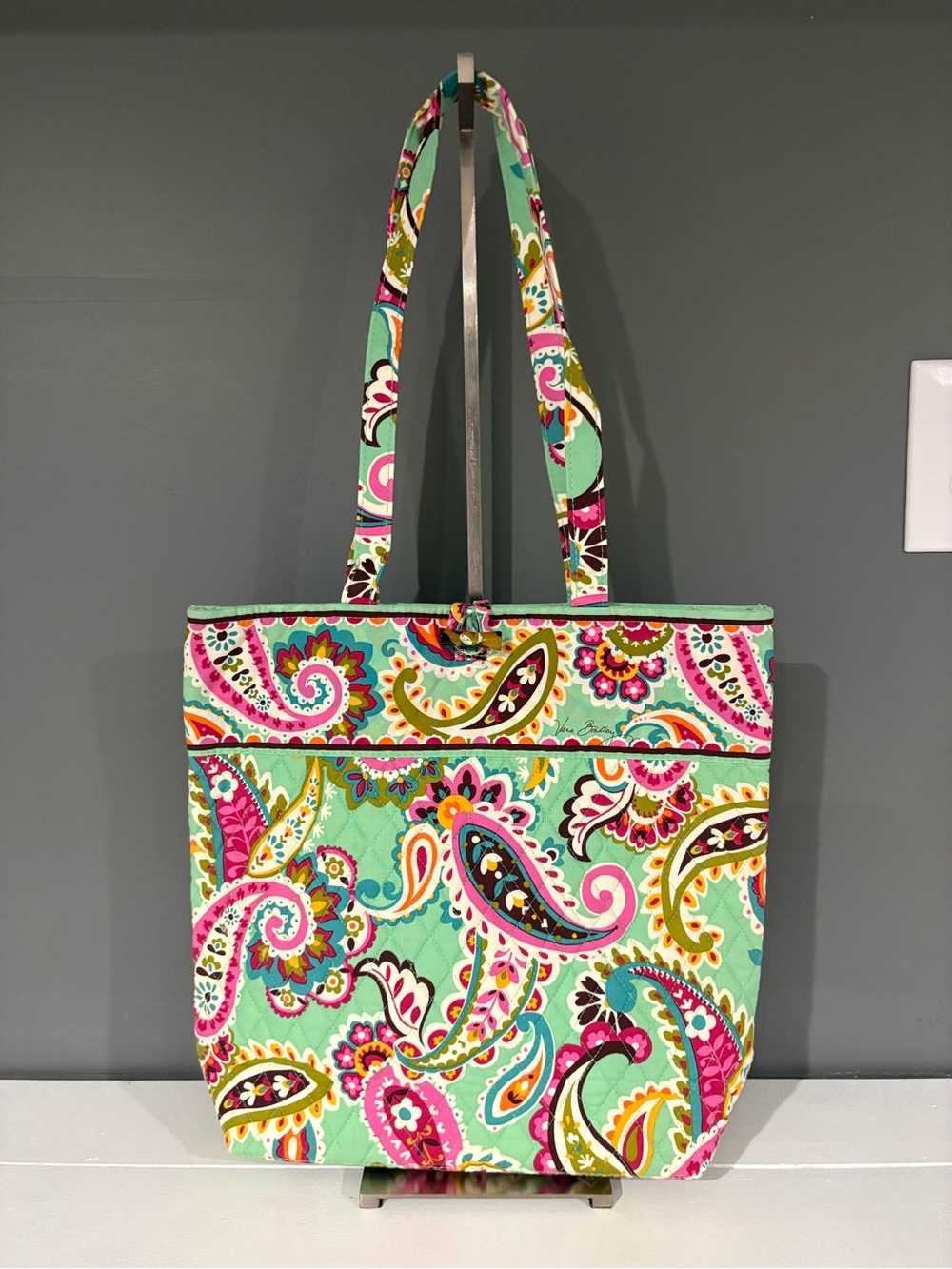 Vera Bradley Mint Paisley Shoulder Tote with Pink & Yellow Accents